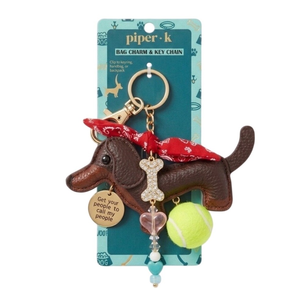 Piper + K Dachshund Dog Bag Charm Key Chain Brown Wiener Dog Red Bandana New